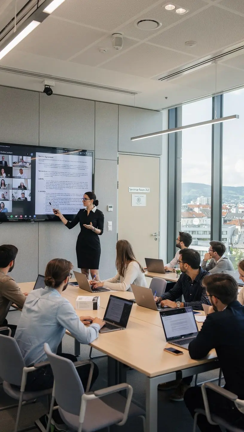 Studierende diskutieren rechtliche Aspekte von Geschäftsverträgen.