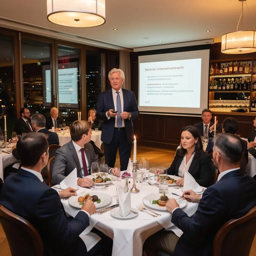 Eine Gruppe von Fachleuten diskutiert über Geschäftsgesetze in einem virtuellen Seminarraum.