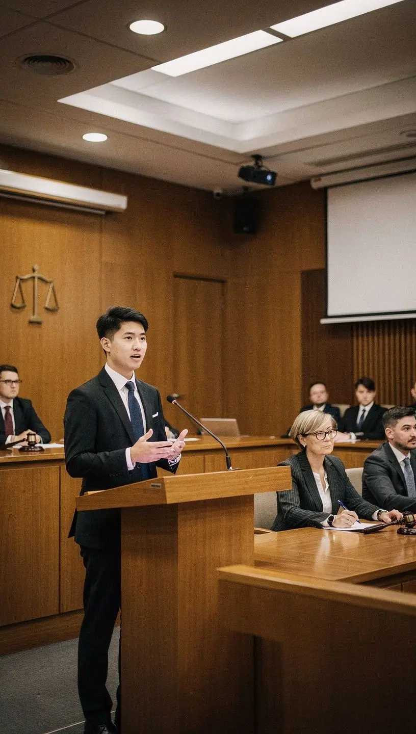 Eine Gruppe von Fachleuten diskutiert über Geschäftsgesetze in einem virtuellen Seminarraum.