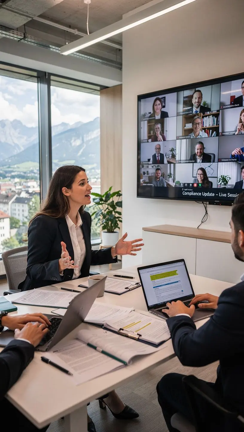 Eine Gruppe von Fachleuten diskutiert über Geschäftsgesetze in einem virtuellen Seminarraum.