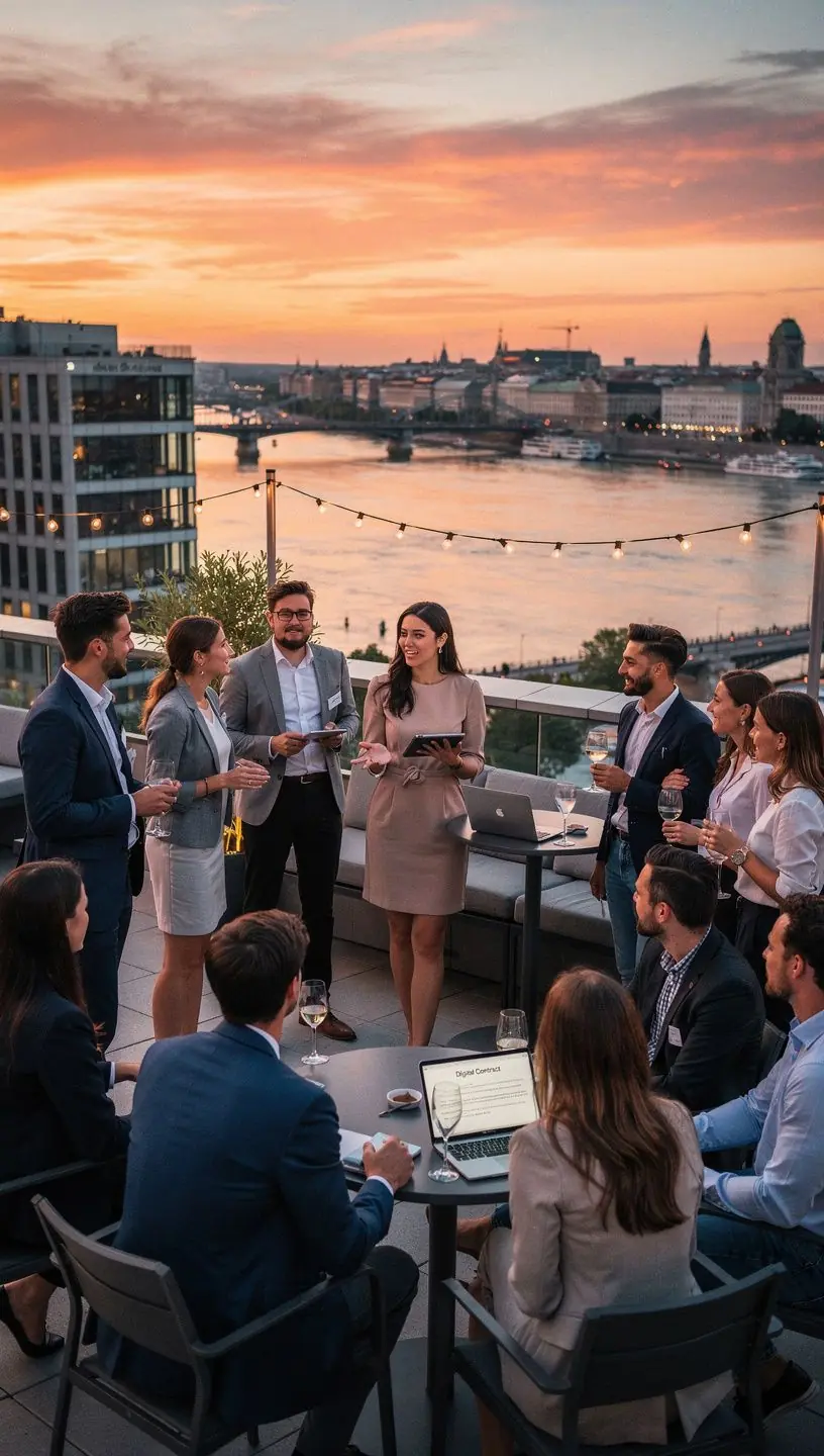 Eine Gruppe von Fachleuten diskutiert über Geschäftsgesetze in einem virtuellen Seminarraum.
