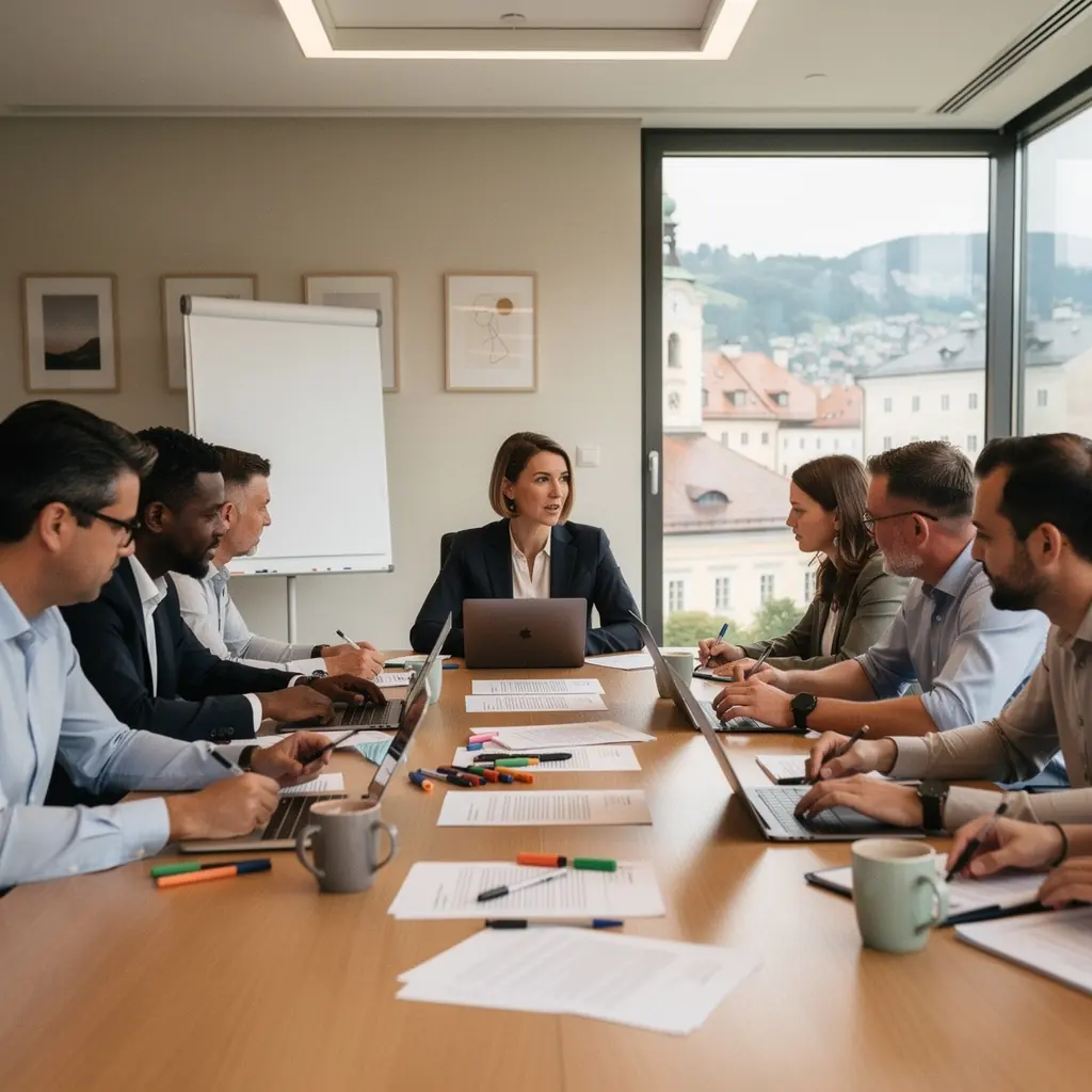 Eine Gruppe von Fachleuten diskutiert über Geschäftsgesetze in einem virtuellen Seminarraum.