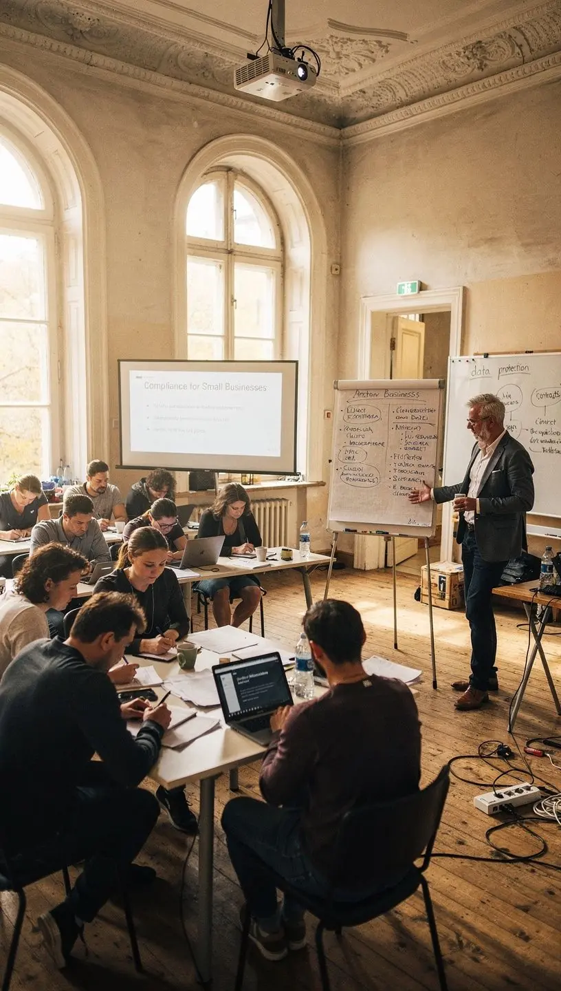 Eine Gruppe von Fachleuten diskutiert über Geschäftsgesetze in einem virtuellen Seminarraum.